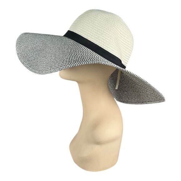 Calvin Klein Wide Brim Straw Sun Hat Drawstring Adjustable Black White Old Money main image 4